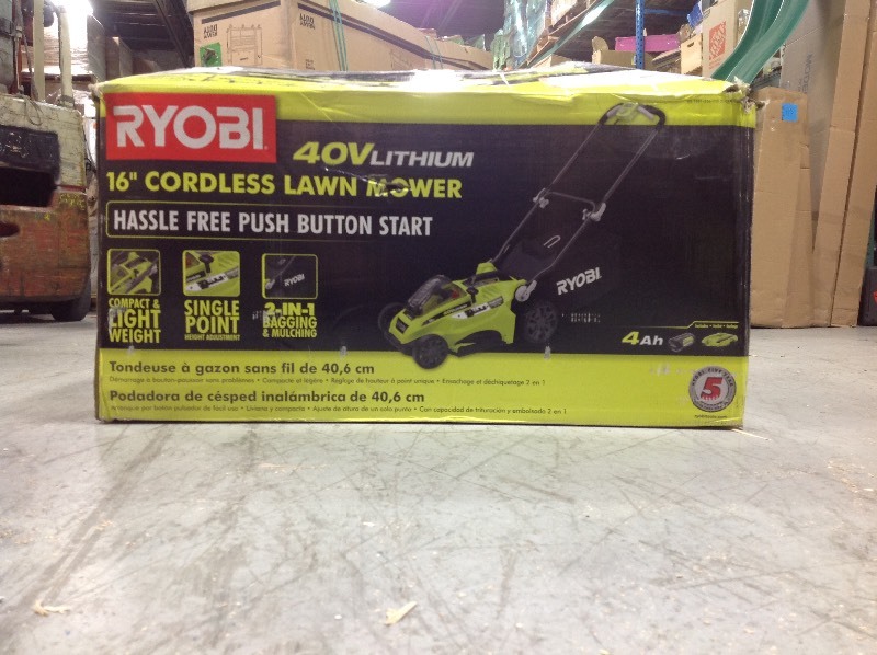RYOBI 16 in. 40-Volt Lithium-Ion Cordless Battery Walk Behind Push Lawn Mower - 4.0 Ah BatteryCharger Included in good conditions