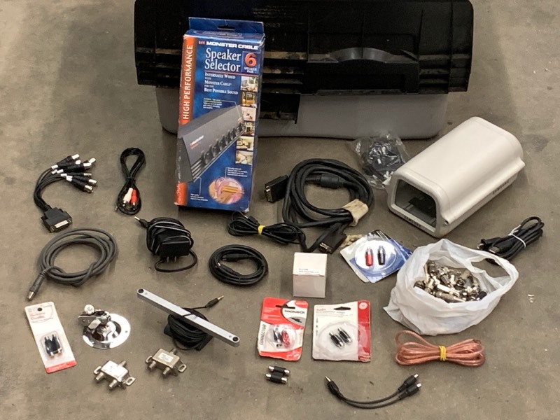 lot 74 image: Tote Of Assorted Security Camera Accessories, Electronics, Cords, etc