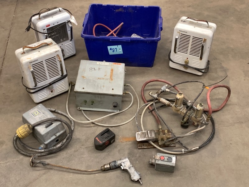 lot 27 image: Bin Of Assorted Heaters, Electrical Supplies, Etc