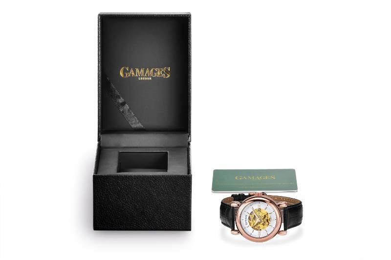 lot 93 image: GAMAGES OF LONDON Limited Edition Skeleton Automatic Rose Timepiece - $700 MSRP