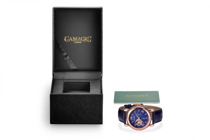 lot 98 image: GAMAGES OF LONDON Limited Edition Hour Timer Automatic Blue Rose Timepiece - $725 MSRP