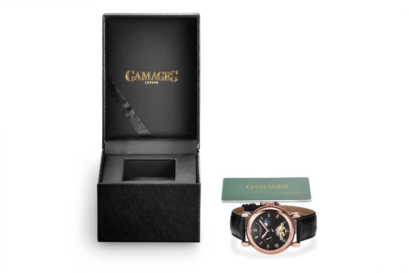lot 101 image: GAMAGES OF LONDON Limited Edition Moon Phase Automatic Rose Timepiece - $710 MSRP