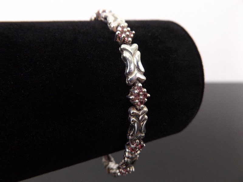 .925 Sterling Silver Pink Sapphire Crystal Fluer Tennis Bracelet