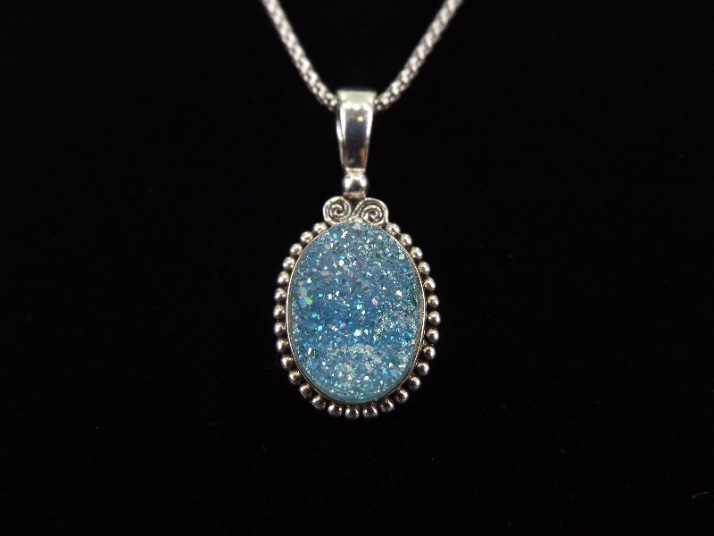 .925 Sterling Silver Aqua Crystal Pendant Necklace