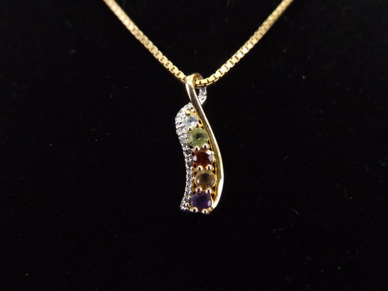 .925 Sterling Silver Multi Colored Stone Diamond Accented Vermeil Pendant Necklace