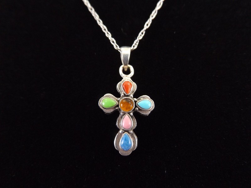 .925 Sterling Silver Multi Stone Cross Pendant Necklace