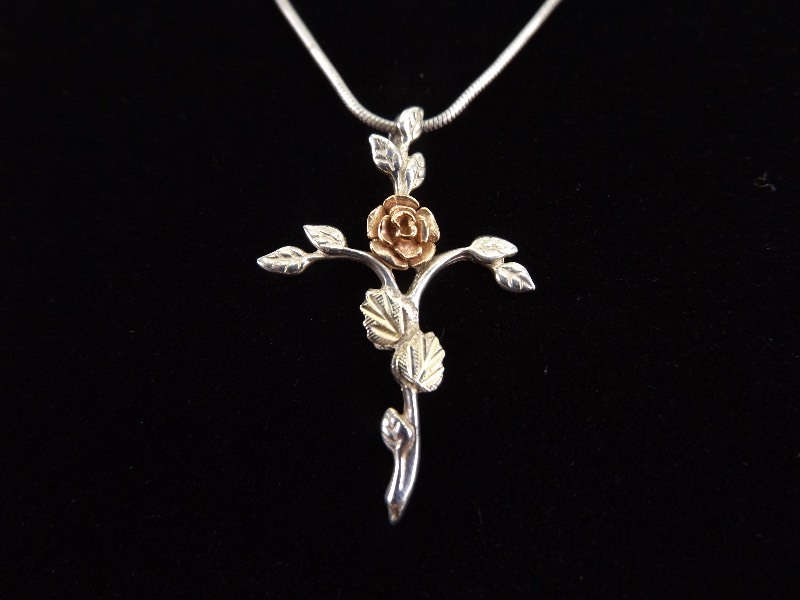 12k Black Hills Gold .925 Sterling Silver Cross Pendant Necklace