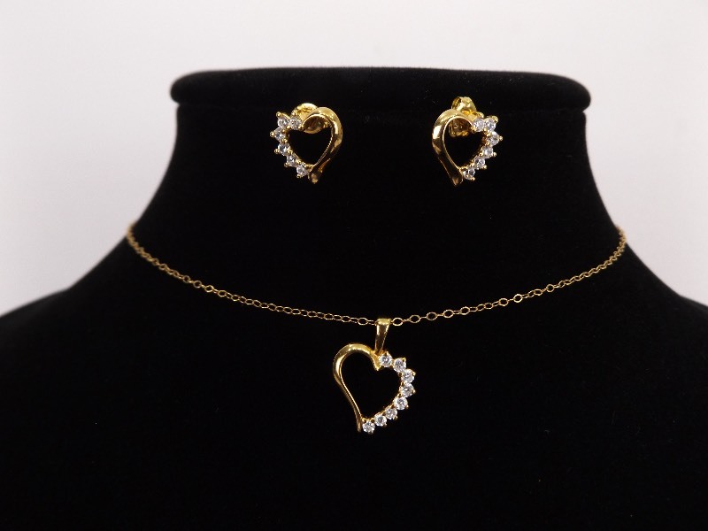 .925 Sterling Silver Crystal Heart Vermeil Earring, Pendant, and Necklace Set