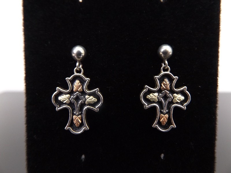 12k Black Hills Gold .925 Sterling Silver Cross Dangle Post Earrings