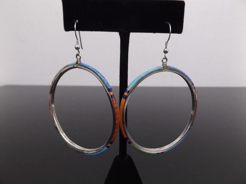 .925 Sterling Silver Navajo Hoop Dangle Earrings
