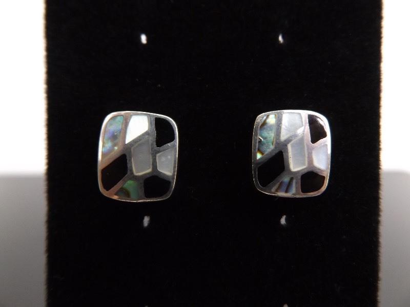 .925 Sterling Silver Inlayed Onyx Shell Post Earrings