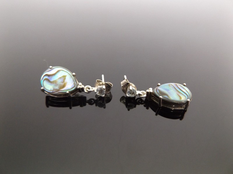 .925 Sterling Silver Abalone Shell Dangle Post Earrings