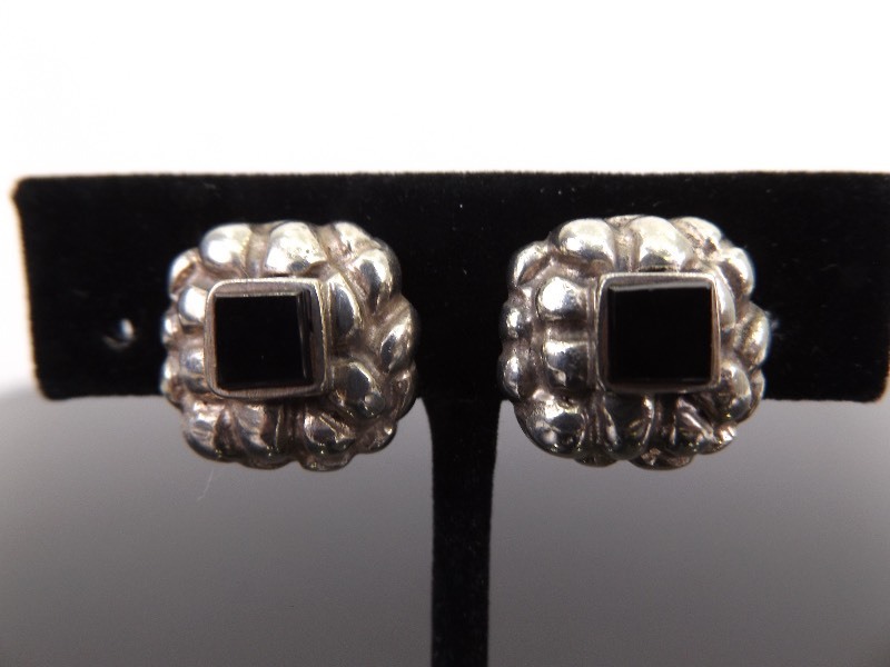 .925 Sterling Silver Black Onyx Nugget Clip Earrings