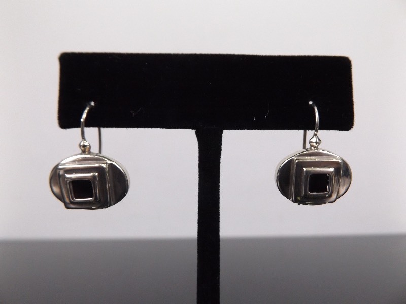 .925 Sterling Silver Art Deco Black Onyx Hook Earrings