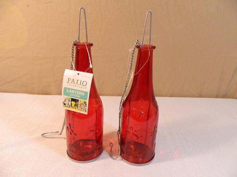 lot 13 image: 2 New Patio Essentials Red Glass Outdoor Lanterns