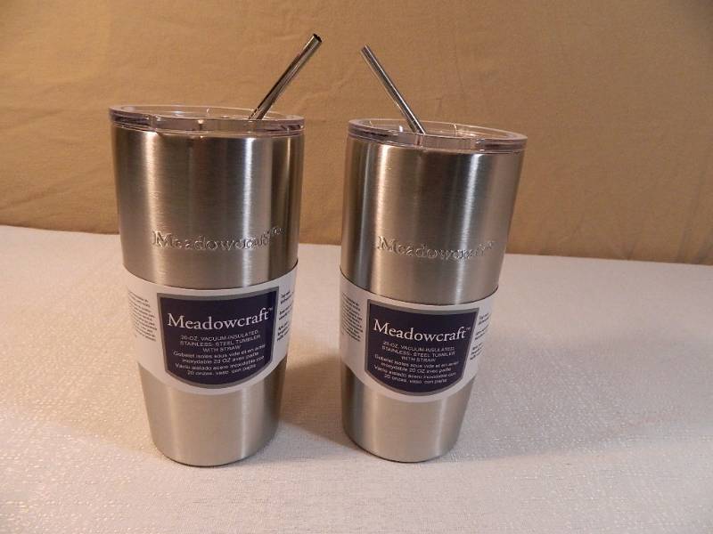 lot 32 image: 2 New Stainless Steel Tumblers with Metal Straws