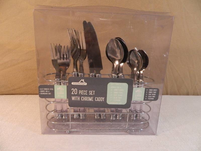 lot 98 image: New 20 Piece Silverware Set with Chrome Caddy
