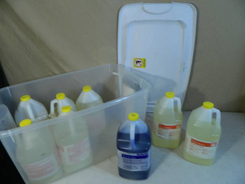 lot 184 image: New Commercial Cleaning Chemicals and Tote with Lid