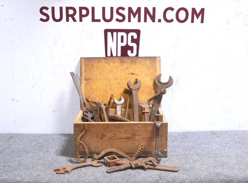 lot 59 image: Large Lot of Antique Wrenches in Toolbox