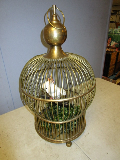 lot 201 image: BRASS BIRD CAGE WITH COCKATOO PLANTER
