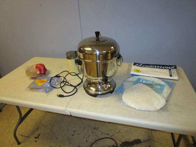 lot 212 image: COFFEE URN, SMALL HAND GRINDER AND COFFEE SUPPLIES