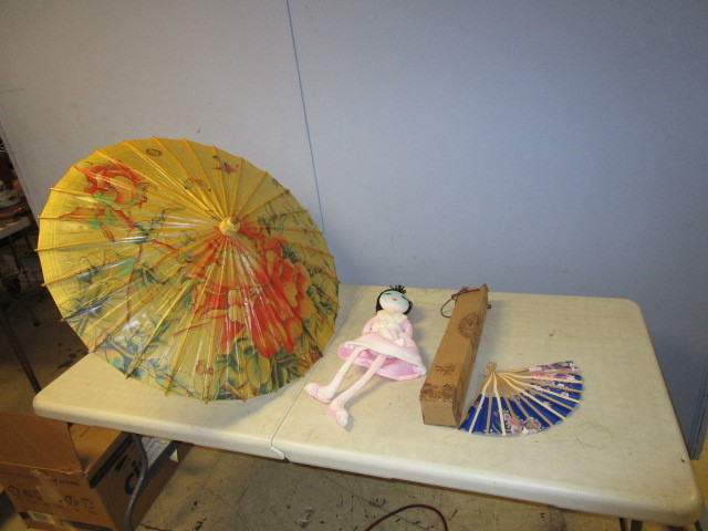 lot 230 image: ORIENTAL UMBRELLA, FAN AND DOLL