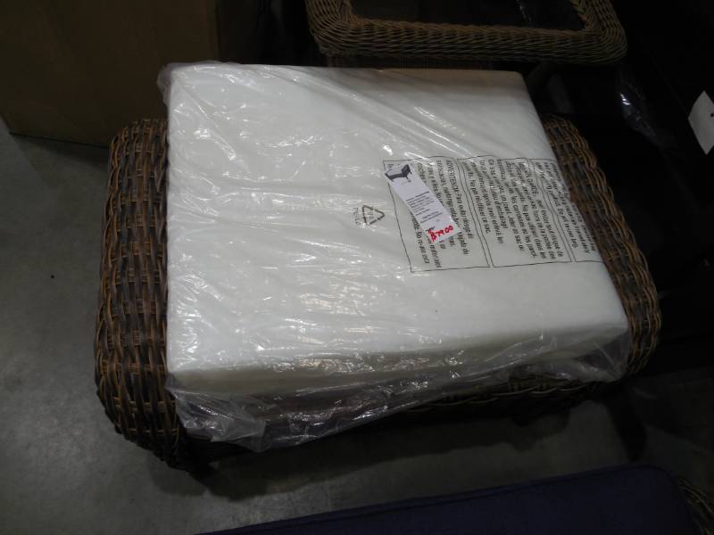 lot 26 image: Hampton Bay Cambridge Brown Wicker Outdoor Ottoman with White Cushions