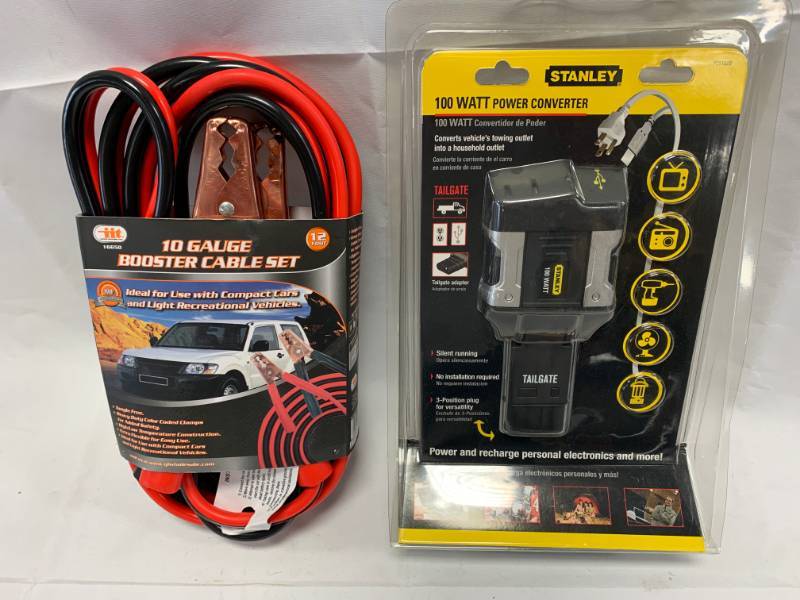 lot 22 image: New 10 ga Jumper Cables & Stanley Tailgate Power Inverter