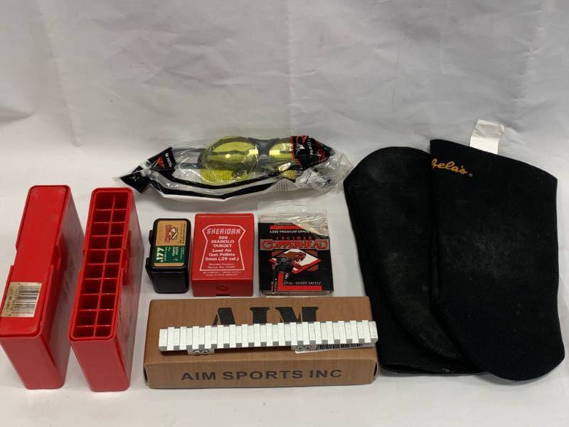 lot 25 image: Cabelas Neoprene Socks, Rifle Scope Mount, Pellets, Glasses