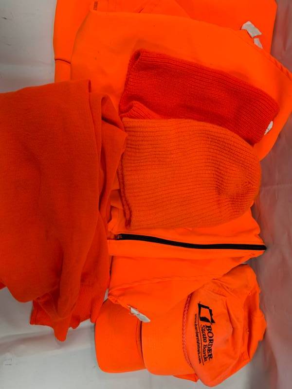 lot 34 image: Lot of Blaze Orange Hunting Vests, Hats, Sweatshirt