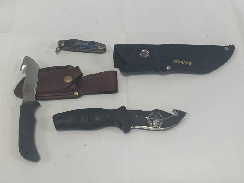 lot 36 image: Schrade Gut Hook Knife, Trophy Skinner and Kamp King Knife