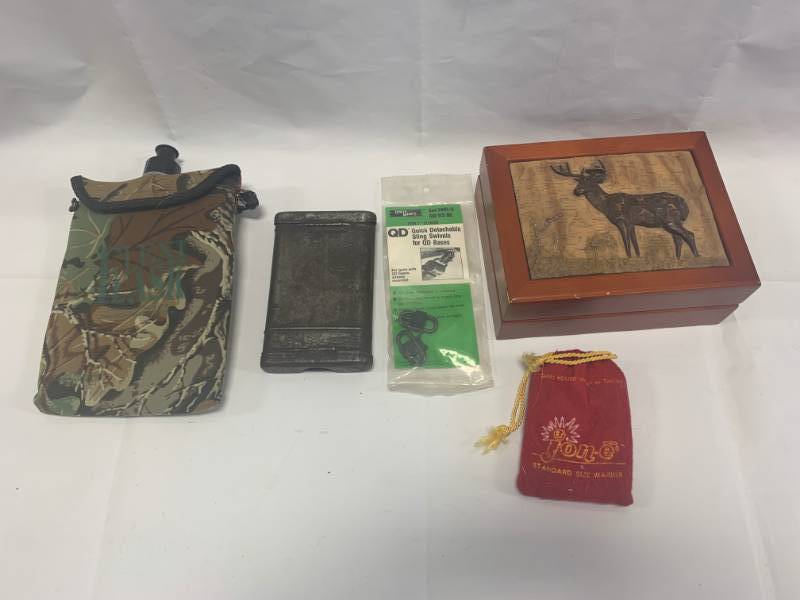 lot 38 image: Camo Flask, Vintage Gun Cleaning Kit, Jon-e Heater, Box