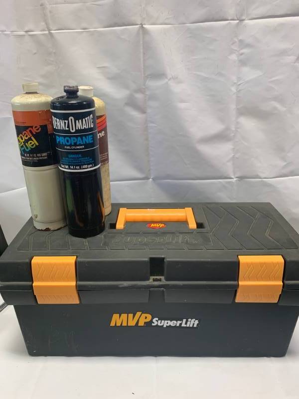 lot 41 image: Toolbox, 3 Propane Cylinders, Misc. Tools