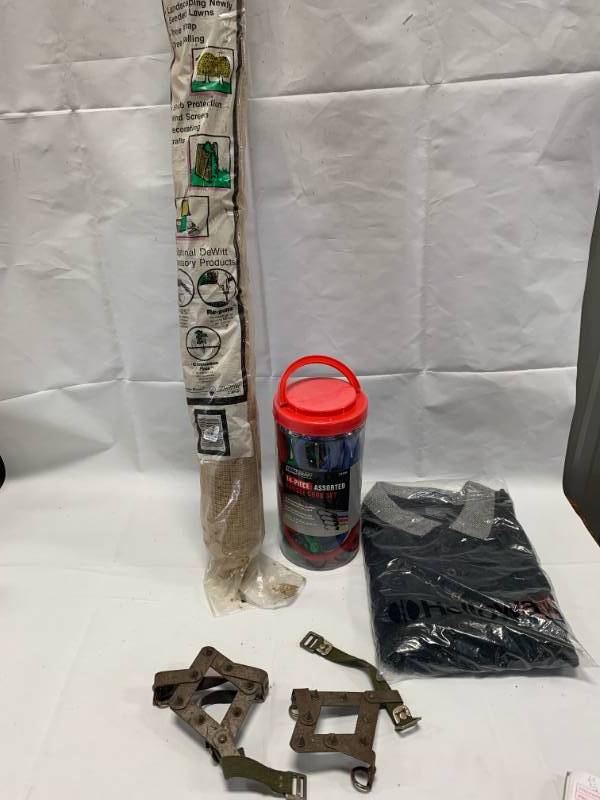 lot 56 image: Crampons, Bungee Cord Kit, 3 x 12 Burlap, Mens XL Polo Shirt