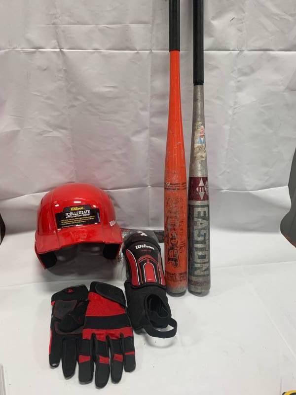 lot 75 image: Batting Helmet, Gloves, Shin Guards, & 2 Bats