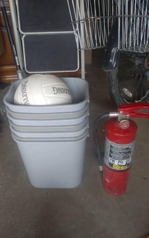 lot 14 image: 7-Gray Office Size Trash Cans, Fire Extinguisher, Volley Ball