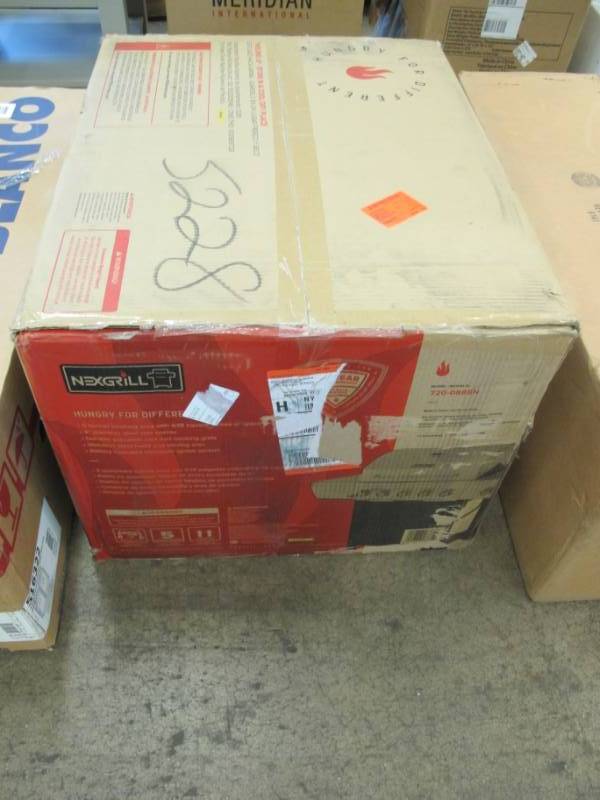 lot 6 image: Nexgrill 5-Burner Propane Gas Grill in Stainless Steel with Side Burner and Black Cabinet - New in Box