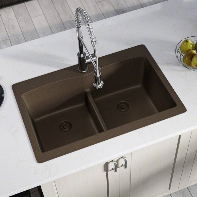 lot 37 image: MR Direct All-in-One Drop-in Granite Composite 33 in. 5-Hole Low-Divide Equal Double Bowl Kitchen Sink in Mocha