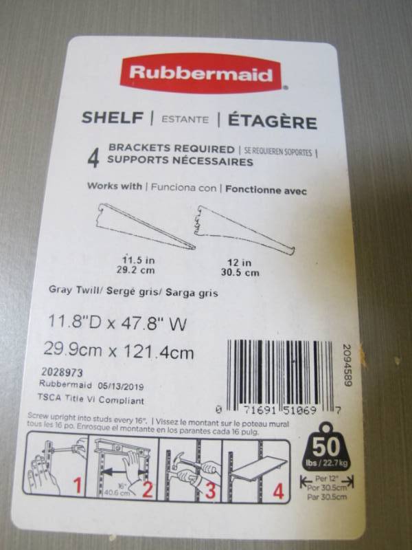 lot 21 image: Lot of 10 Rubbermaid 12 in. x 48 in. Gray Twill Laminated Wood Shelves -
