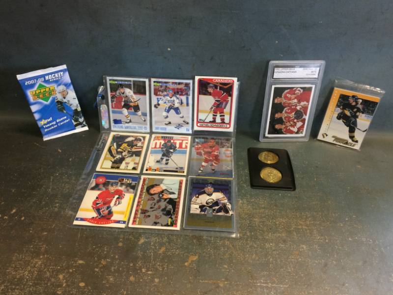 lot 8 image: Hockey Cards and Coins with Gretzky, Lemiuex, Unopened Packs and More