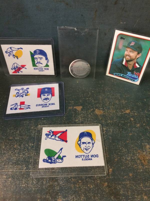 lot 81 image: Vintage Bert Blyeven, Jack Morris & Don Sutton Topps Tattoo Transfers, Cards and Hologram Stickers