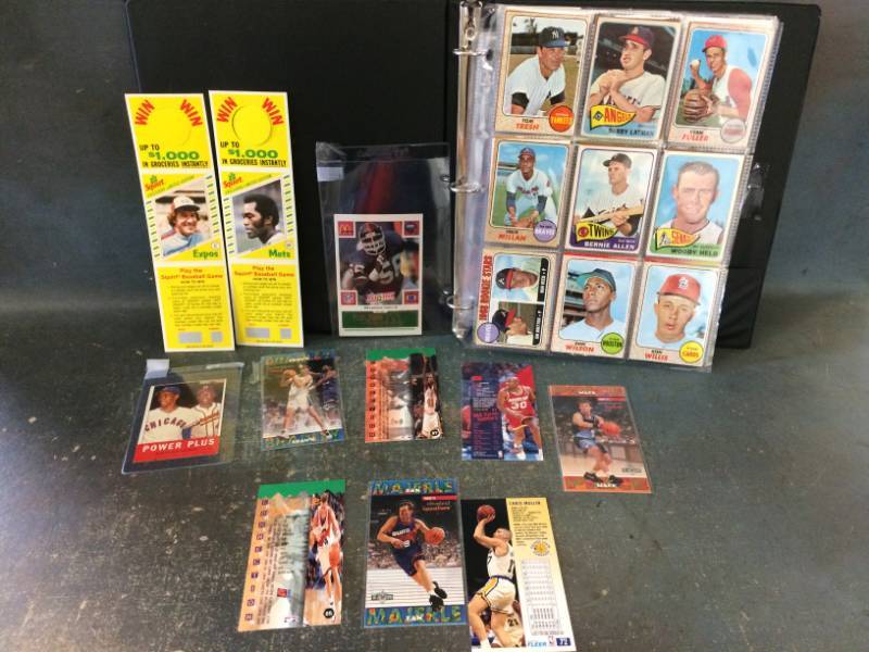 lot 95 image: Binder of Sports Cards with 1963 Ernie banks and Hank Aaron, Stickers, Graded and More