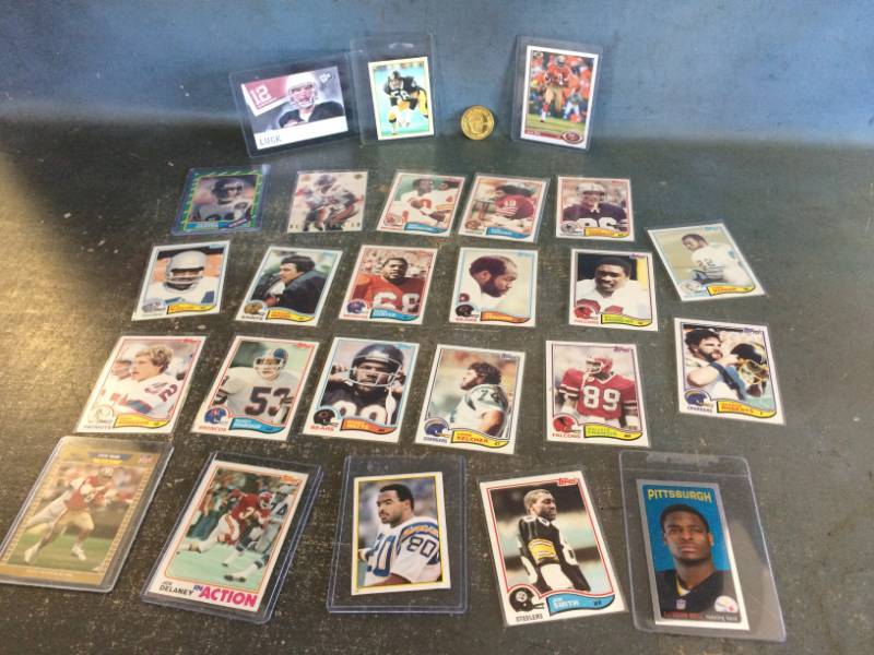 lot 105 image: Football Cards, Stickers, Coin, with Jack Lambert, Rice, Luck Rookie, Marino and More