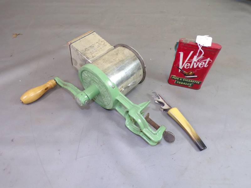 lot 106 image: Vintage Salad Maker, Bone Handle Can Opener and Velvet Tin