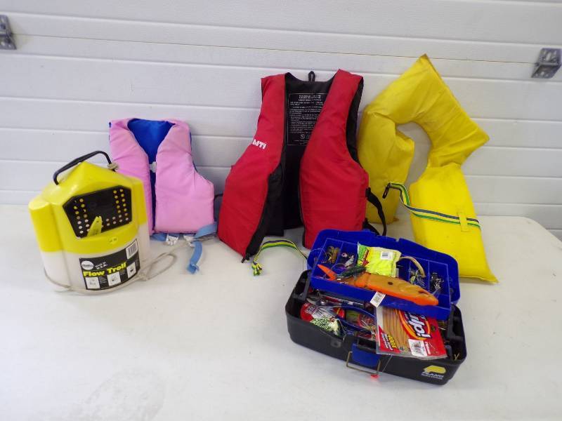lot 196 image: Life jackets, Tackle box with tackle and Minnow Bucket