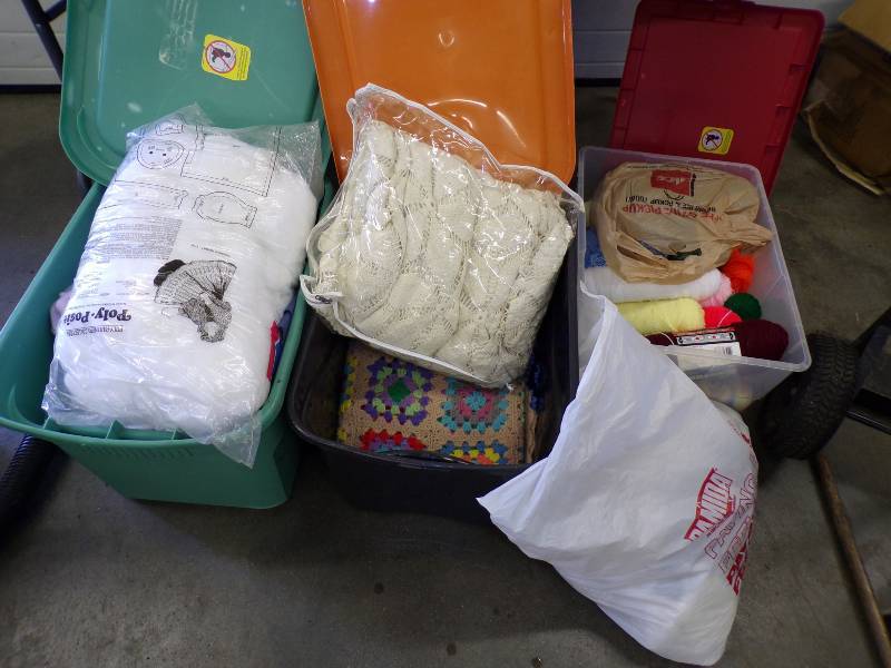 lot 244 image: 3 Totes with Blankets, Crocheted Blankets and Yarn