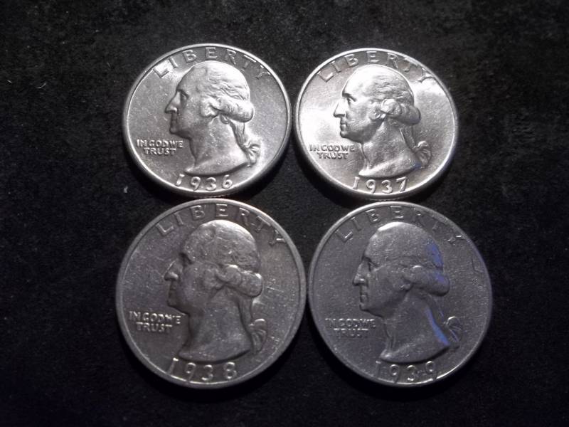 4-BUMS Washington Quarters-1936, 1937, 1938 S, 1939 D
