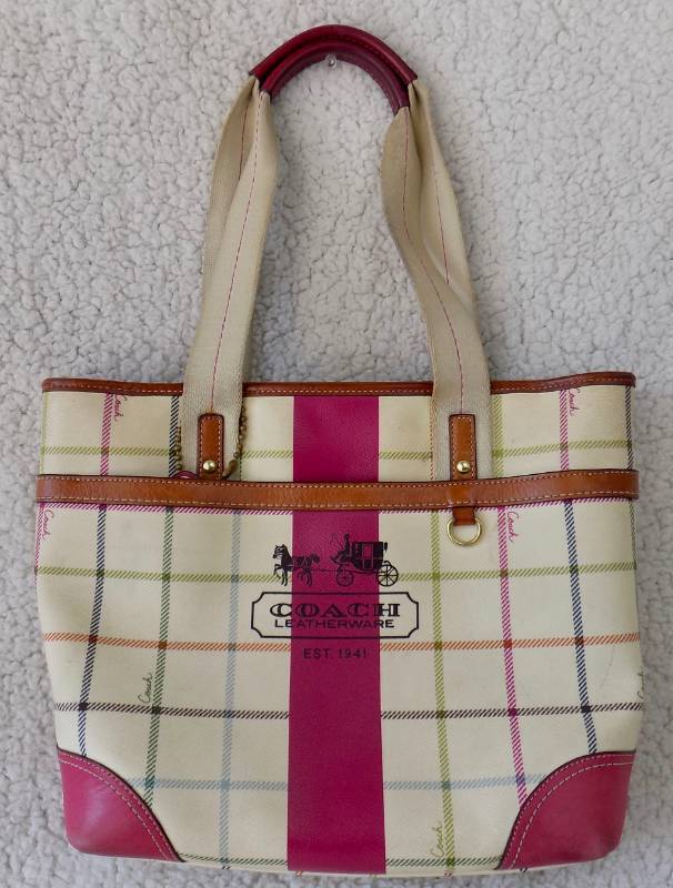 Coach PinkCreme LeatherCanvas Tote Tattersall Handbag