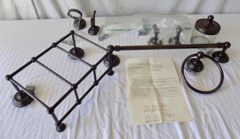 (never used) (7) Piece Pottery Barn Clifton Antique Brass Bath Collection wall hardware