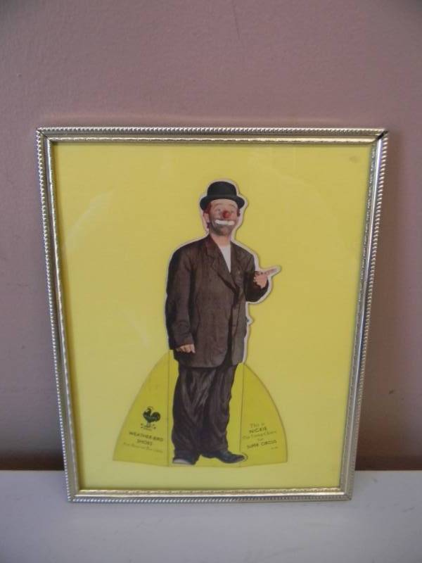 lot 10 image: Vintage 1951 - NICKIE THE TRAMP CLOWN FOR SUPER CIRCUS WEATHER-BIRD SHOES ADVERTISEMENT - Nice little Table Top Sign. Dated 1951. RARE NICE IN FRAME - APPROX 8 tall by 5 wide - SEE PICTURES